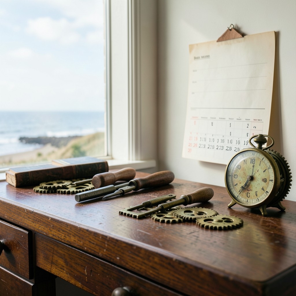 Calendrier mural et outils de planification agricole sur un bureau en bois avec accents laiton