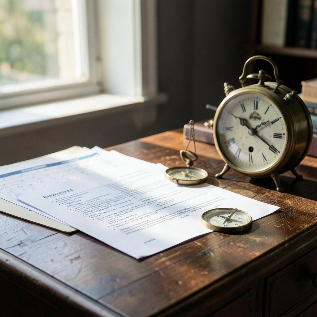 Cabinet de consultation juridique avec documents de contrats saisonniers et calendrier agricole, ambiance laiton et bois sombre